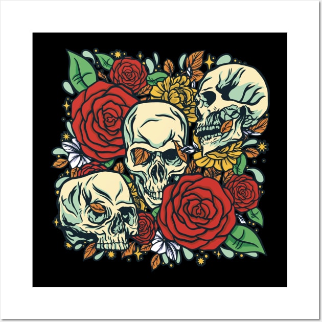 Skulls, Leaves and Roses design Wall Art by Graphic Duster